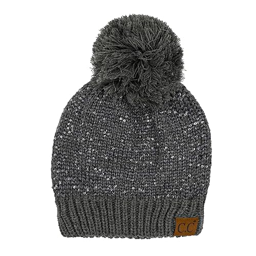 C.C Sequin Pom Beanie for Women - Acrylic Stretchable Soft Warm Knit Winter Skully Hat with Yarn Pom - color: Sequin-dk Mel Grey / Grey