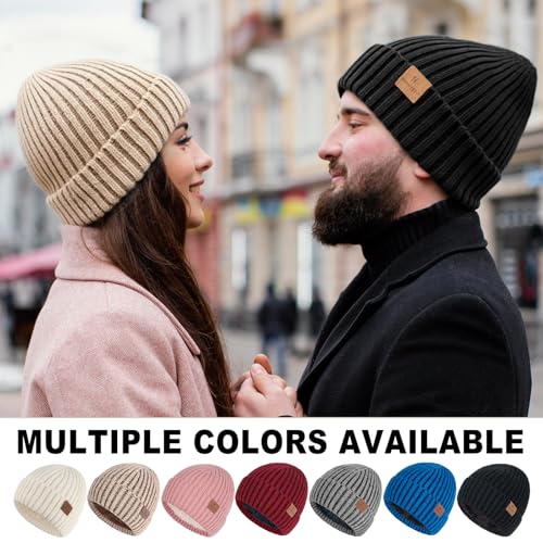 HONGTEYA 3 Pack Winter Beanie for Men Women, Thicken Thermal Plush Lined Beanie Fashion Warm Knit Hat for Cold Weather - color: Khaki+gray+black