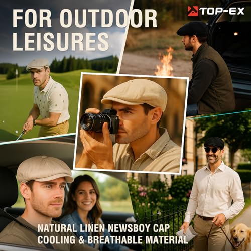 Oversized XL XXL Natural Linen Flat Cap Lightweight 8 Panel Summer Cooling Eco-Friendly Newsboy Hat Golf Outdoor - color: Navy Herringbone, size: Medium-Large