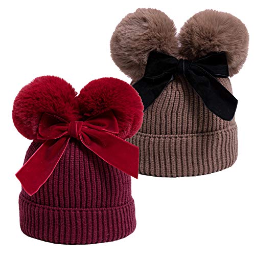 YATEEN Infant Toddler Baby Knitting Woolen Hat Winter Warm Double Pompom Beanie Cap with Bow - color: 2 Pack Deep Red / Brown
