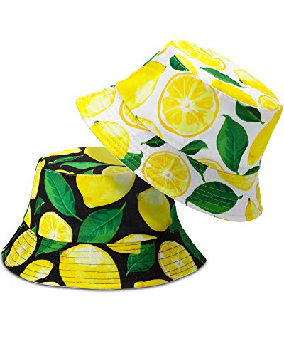 2 Pcs Unisex Lemon Hats Hot Summer Bucket Hats Reversible for Men Women Teens Beach Travel Fishing Outdoor