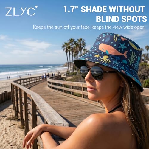 ZLYC Printed Bucket Hat for Women Men Packable Summer Sun Hat for Beach - color: Sea Life Navy
