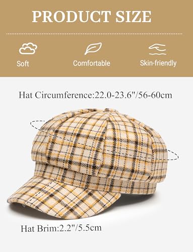 FEOYA Women Newsboy Hat Plaid Cabbie Caps Cotton Casual Stylish Beret Cap Paperboy Hats - color: Plaid-khaki