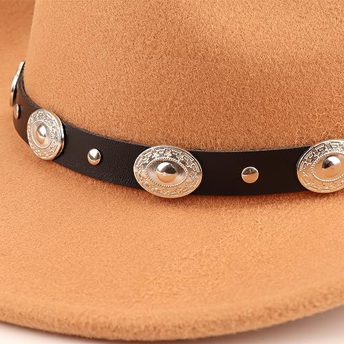 DRESHOW Women Men Classic Felt Wide Brim Western Cowboy & Cowgirl Cap Belt Buckle Retro Panama Hat Unisex Rolled up Caps - color: 1 Pack Style 1: Khaki (Hat Circumference: 22-22.8")