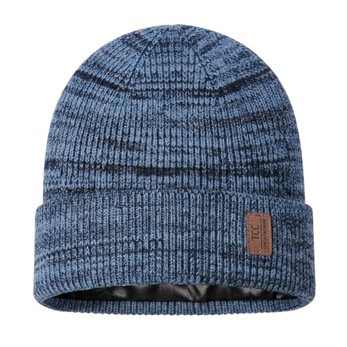 Beanie Fleece Lined Soft for Men Women | Winter Hats Warm Double Layered Stylish Knited Cuffed Plain Beanie Skull Cap | - color: A09- Blue Black