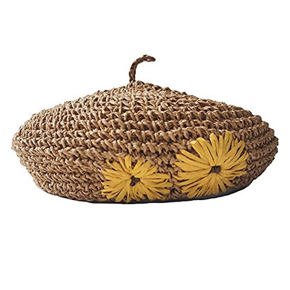 Straw Beret Summer French Beret Hats for Women Artist Crochet Beret - color: Khaki Flower