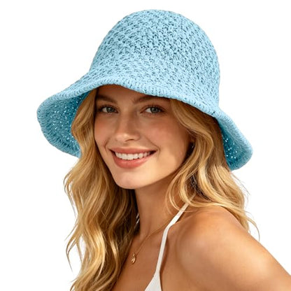 Sun Hat for Women Summer Straw Beach Hats Bucket Hat Floppy Crochet Hat - color: Blue