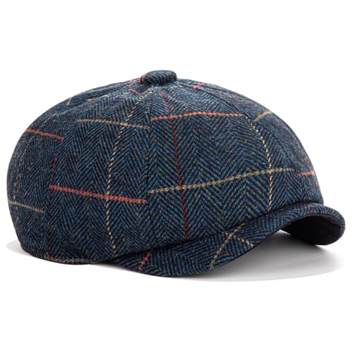 Men's Wool Newsboy Cap 8-Panel Tweed Taxi Hat Herringbone Gatsby Flat Hats - color: C-navy Blue