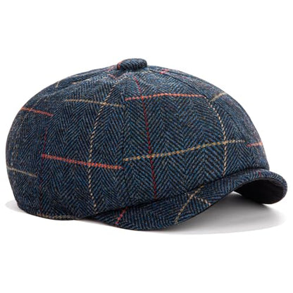 Men's Wool Newsboy Cap 8-Panel Tweed Taxi Hat Herringbone Gatsby Flat Hats - color: C-navy Blue