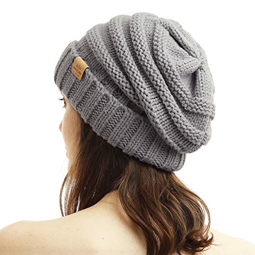 Womens Winter Beanie Warm Knit Hat Cable Stretch Trendy Ribbed Chunky Cap - color: Light Gray