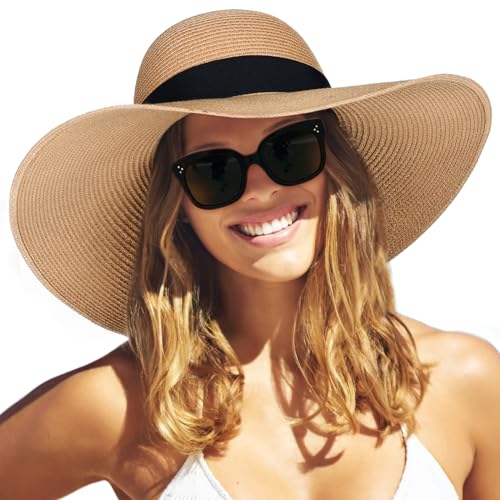 FURTALK Womens Sun Straw Hat Wide Brim Floppy Summer Beach Hats for Women - color: Khaki, size: Medium-Large