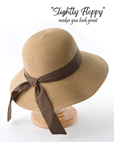 FURTALK Womens Beach Sun Straw Hat Wide Brim UV Protection Travel Hat - color: Khaki-deep Coffee, size: Large-X-Large