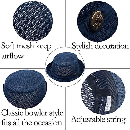 ZffXH lot 2 Pack Trilby Mesh Pork Pie Hat Summer Straw Fedora Cap Bowler Flat Top Sun Hat Lady Men Women - color: 1 Pcs White+1 Pcs Navy