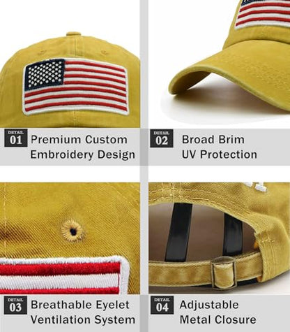 2-Pack USA Flag Hats for Men Baseball American Flag Hats for Men USA Cap USA Tactical Washed for Women - color: Yellow+nany