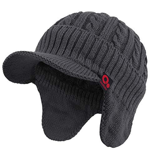 Women's Winter Cable Knitted Visor Beanie Fleece Lining Ear Flap Baseball Cap Hunting Trapper Hat with Billed - color: Dark Grey