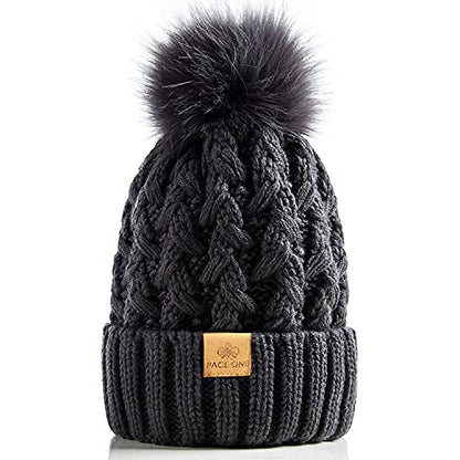 PAGE ONE Womens Winter Ribbed Beanie Crossed Cap Chunky Cable Knit Pompom Soft Warm Hat - color: Dark Gray