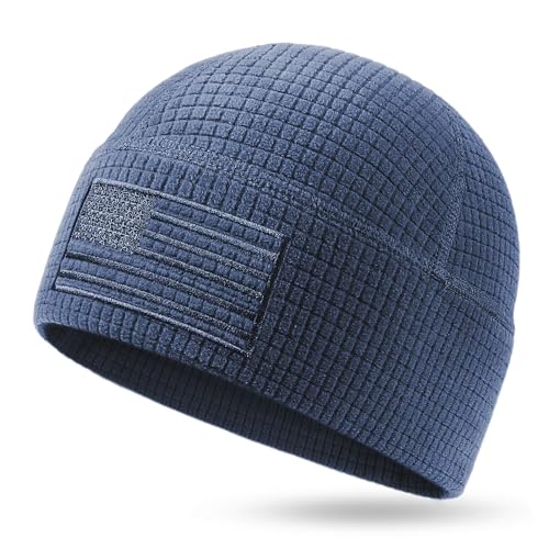 OUTDOOR SHAPING Grid Fleece Beanie with American Flag Embroidery Waffle Skull Cap - color: Navy