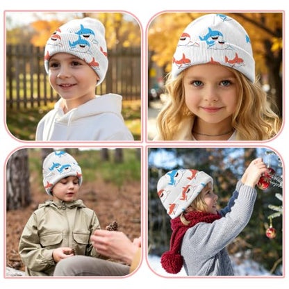 Kids Beanie Knit Hat Winter Unisex Cuffed Beanies Skull Cap Warm Double Layer Thick Acrylic Cute for Girls Boys - color: Shark