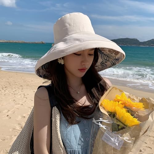 Women Wide Brim Sun Protection Hat Summer Fishing Hats - color: Beige and Leaf Print