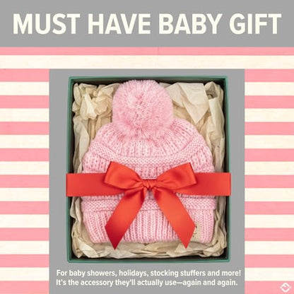 Funky Junque Baby Pom Pom Beanie – Soft Knit Infant Winter Hat for Baby Girls & Boys, Cozy Warm Newborn Beanie 0–12 Months - color: Pale Pink