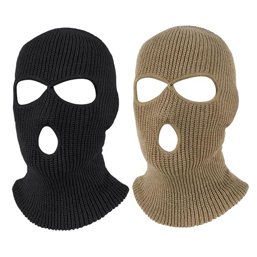 Pukavt 2 Pack 3 Hole Winter Knitted Mask, Ski Mask Balaclava Cap - color: Black/Khaki