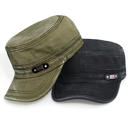 Unisex Cadet Army Cap Adjustable Flat Top Cap Washed Cotton Military Hat Baseball Cap - color: Black Green