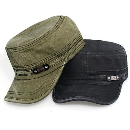 Unisex Cadet Army Cap Adjustable Flat Top Cap Washed Cotton Military Hat Baseball Cap - color: Black Green