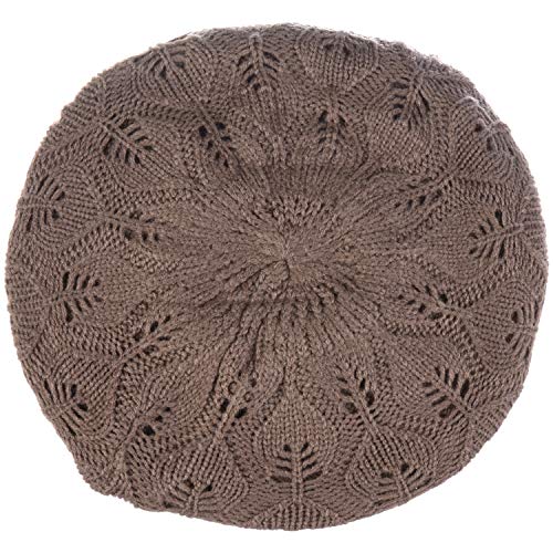 BYOS Women Mid-Weight Slouchy Leafy Cutout Crochet Soft Knit French Beret Hat - color: 2-pack-deep Taupe & Bk