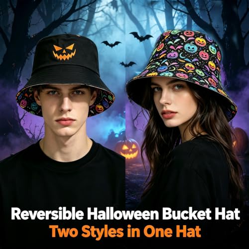Summer Reversible Bucket Hat - Packable Cute Pineapple Sun Hat for Beach, Golf, Fishing, Travel, Outdoor for Women Men - color: Halloween