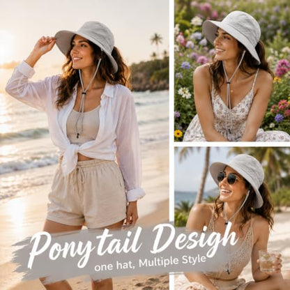 Womens Ponytail Sun Hat UPF50+ Waterproof Bucket Hat Packable Beach Hat - color: Griege