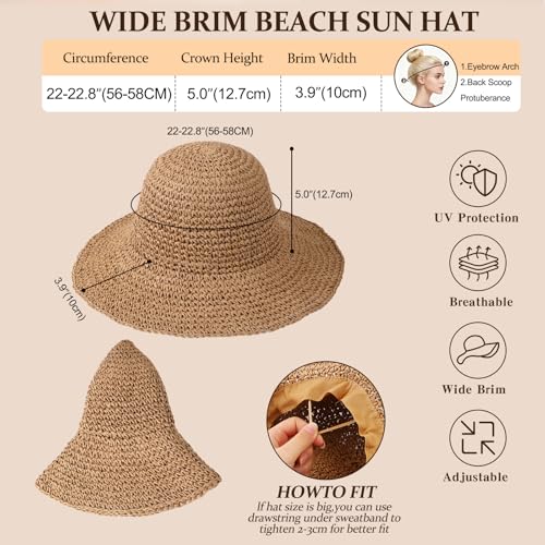 Womens Beach Straw Hats Floppy Wide Brim Crotchet Sun Hat Foldable Packable Summer Outdoor Vacation Travel - color: Khaki1