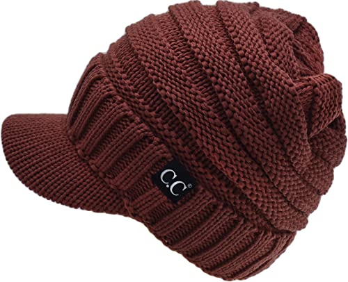 C.C Trendy Warm Oversized Chunky Soft Oversized Ribbed Slouchy Knit Hat with Visor Brim - color: Brick