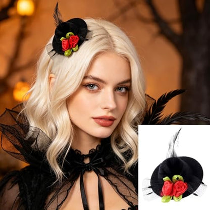 Fascinator Hats Bow Clips 6 Pcs Mini Hat with Feather Flower Hair Bow Clip Fascinator Alligator Clips for Cocktail Wedding, Bridal, Races Cosplay, Prom Cute Hair Accessories Party Girls Hairpins
