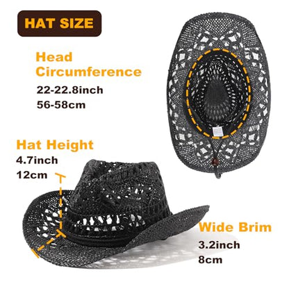 AQOKKA Straw Cowboy Hats for Women Men Western Cowgirl Hats with Shapeable Brim Woven Hollow Out Unisex Beach Roll Up Caps - color: Black