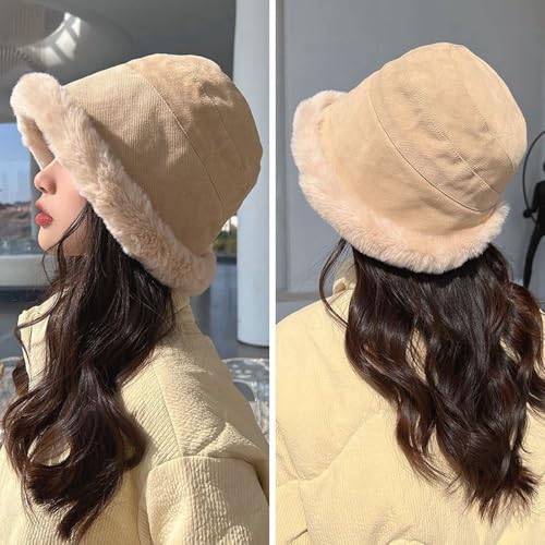 XYX Women Winter Knit Fleece Lined Bucket Hat Beanie Hat Rolled Brim Faux Fur Crochet Skull Cap - color: Beige