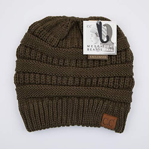 C.C Exclusives Soft Stretch Cable Knit Messy Bun Ponytail Beanie Winter Hat for Women (MB-20A) - color: Newolive