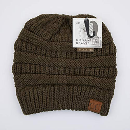 C.C Exclusives Soft Stretch Cable Knit Messy Bun Ponytail Beanie Winter Hat for Women (MB-20A) - color: Newolive