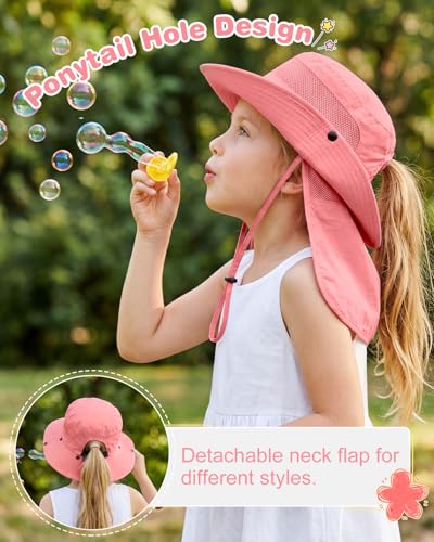 Century Star Kids Sun Hat with Ponytail Hole & Detachable Neck Flap UPF50+ Quick Dry Girls Bucket Hat for Outdoor Beach - color: Watermelon Red