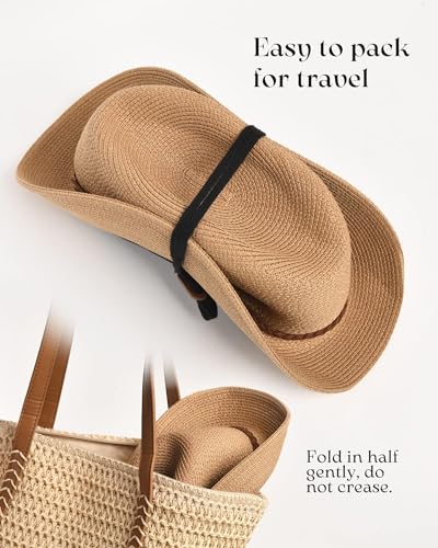 FURTALK Womens Wide Brim Sun Hat Beach Panama Fedora Straw Summer - color: Khaki, size: Large-X-Large