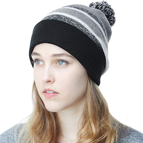 Winter Knit Beanie Hat with Pom Pom – Warm Cuffed Slouch Ski Cap for Men & Women - color: 1.black and Grey With Pom