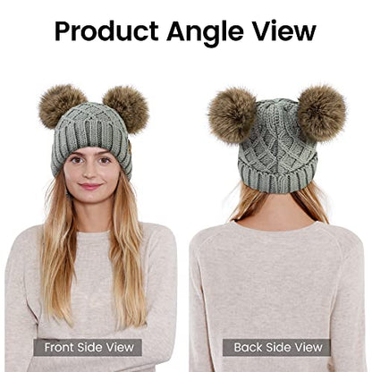 Arctic Paw Womens Winter Hat Cable Knit Beanie for Women Faux Fur Pompom Ears - color: Light Grey Hat Coffee Ball