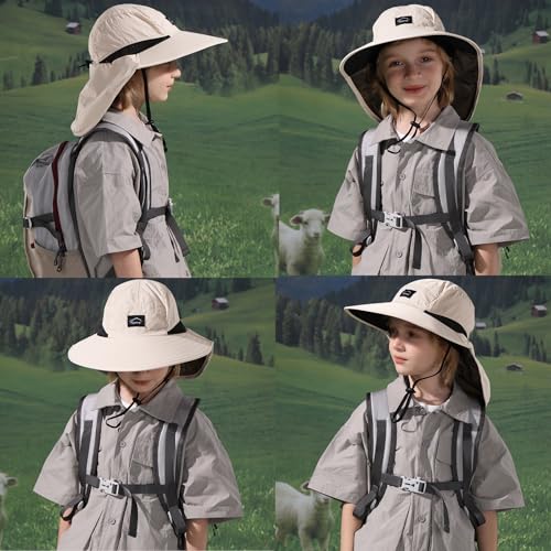 ZOORON Kids Sun Hat with Neck Flap Beach Fishing Bucket for Boys Girls - color: Beige