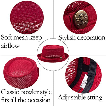 Straw Mesh Pork Pie Hat,Men Summer Fedora,Lightweight Bowler Flat Top - color: White+black+red+navy Blue+drak Grey+coffee