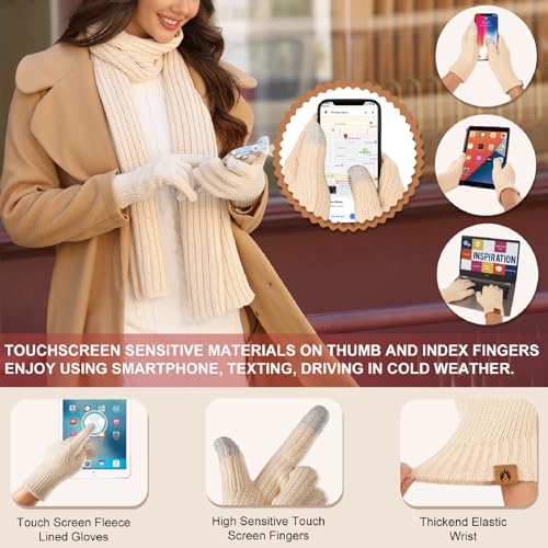 HEEKPEK Winter Beanie Hats Scarf Gloves Ear Muffs Fuzzy Socks 5pcs Set for Women Cold Weather Beanies Touch Screen Gloves - color: Khaki
