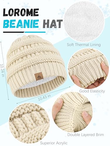 LOROME Winter Beanie Hat Scarf Gloves, Warm Fleece Knit Neck Scarf Set Gift - color: Beige