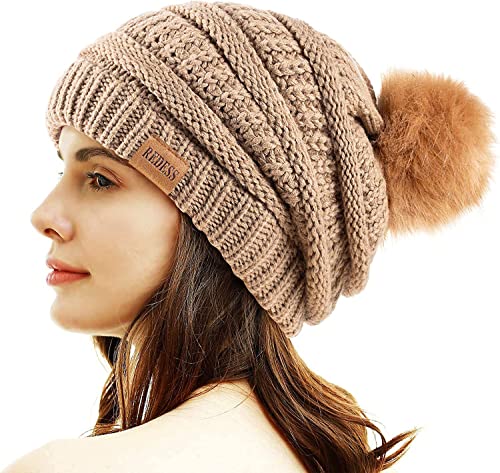 REDESS Women Winter Pom Pom Beanie Hat with Warm Fleece Lined - color: Khaki
