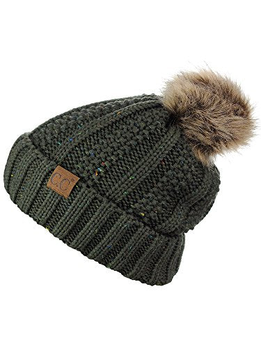 C.C Thick Cable Knit Faux Fuzzy Fur Pom Fleece Lined Skull Cap Cuff Beanie - color: Confetti Dark Olive