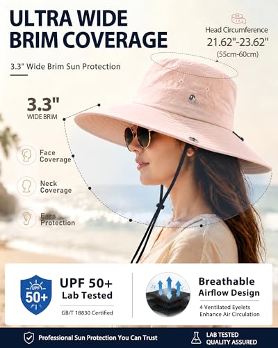 Wide Brim Waterproof Bucket Rain Hat for Women Men UPF50+ Cowboy Sun Hat - color: Blush Pink