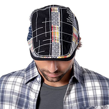 Cabbie Hats for Men Summer,Cotton Beret Newsboy Hat Ivy Gatsby Adjustable Flat Cap Beret for Driving - color: Cotton -Black C