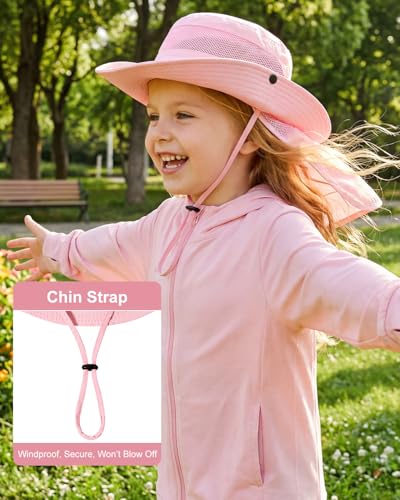 Century Star Kids Sun Hat with Ponytail Hole & Detachable Neck Flap UPF50+ Quick Dry Girls Bucket Hat for Outdoor Beach - color: Light Pink
